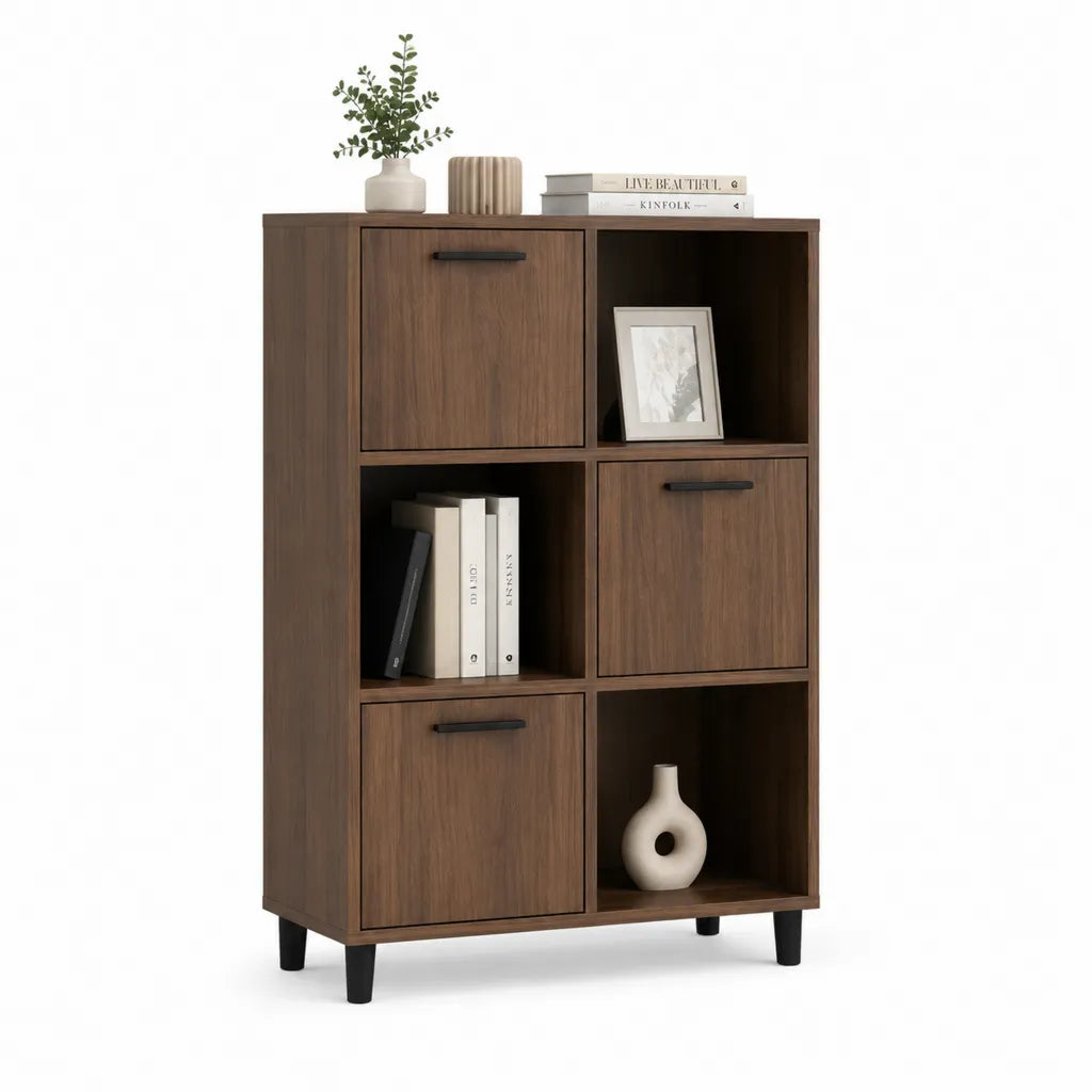 Libreria a 6 vani con 3 ante in pannello truciolare melaminico rettangolare noce 80 x 30 x 140 cm