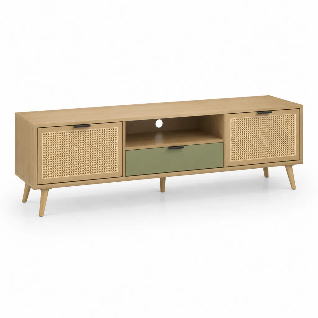 Mobile TV 180 x 40 x 60 cm in pannello truciolare e rattan rettangolare rovere naturale e verde salvia