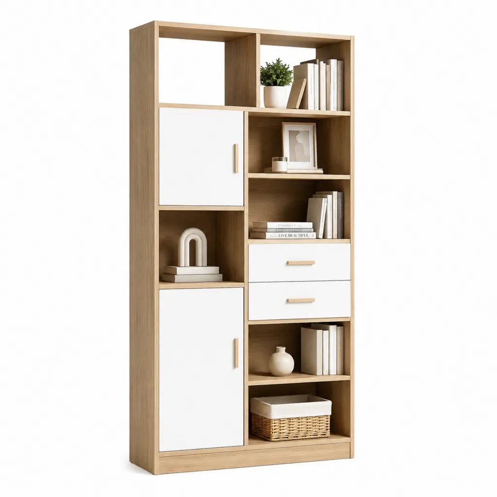 Libreria alta con ante e cassetti in pannello truciolare rovere chiaro e bianco 80 x 30 x 180 cm