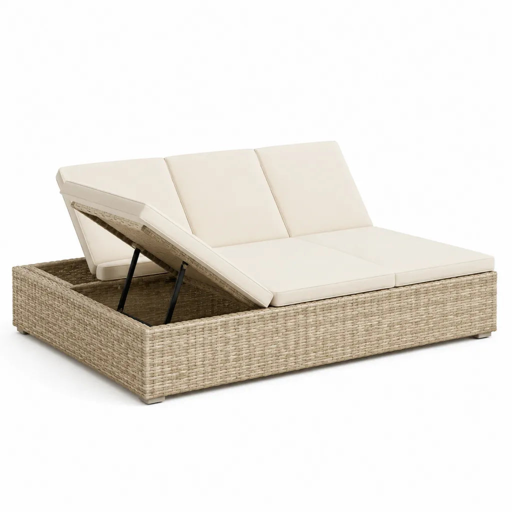 Lettino prendisole da giardino matrimoniale 200 x 140 cm in rattan PE beige con cuscini color crema e schienale reclinabile