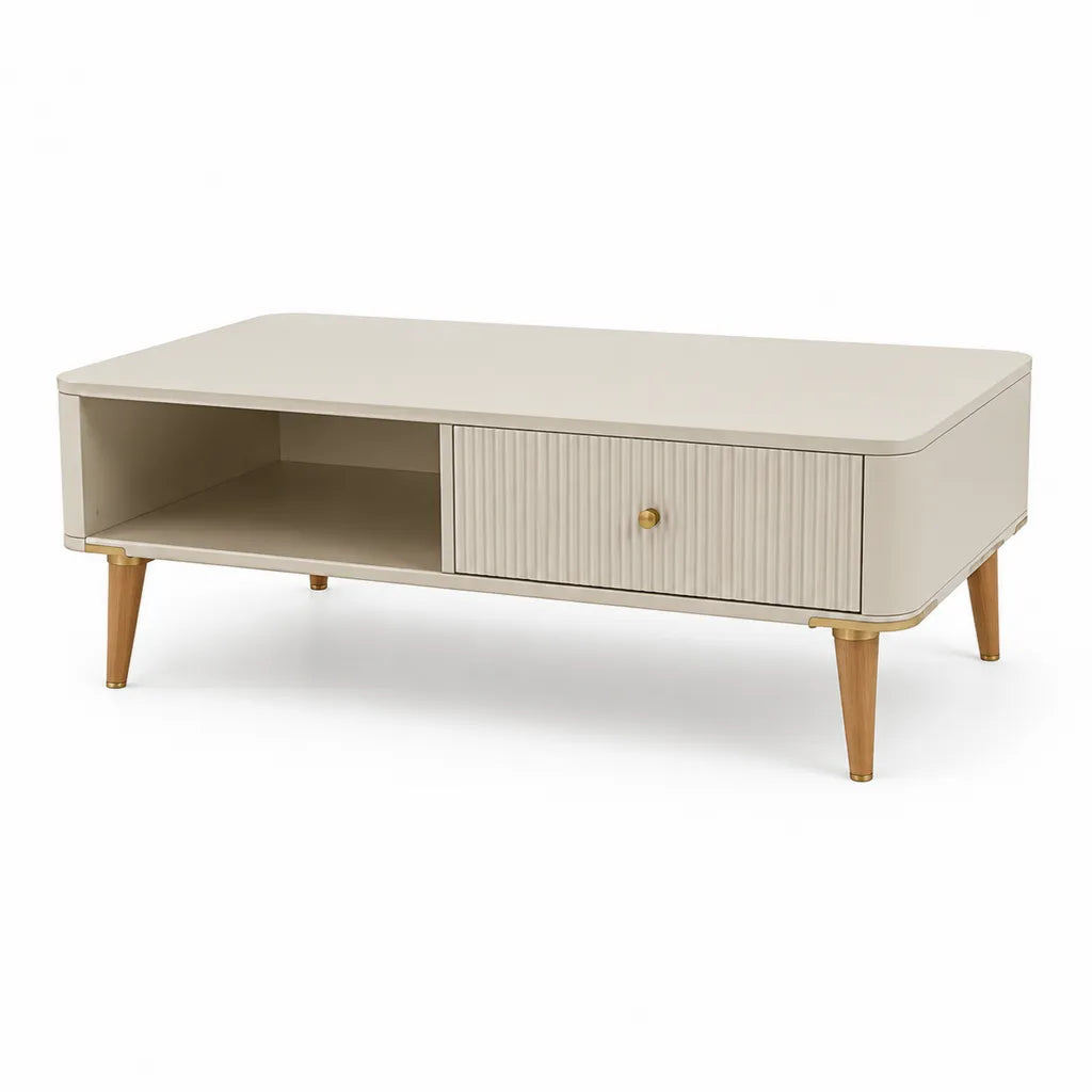 Tavolino da caffe rettangolare con cassetto e vano a giorno 120 x 60 x 45 cm in MDF crema con gambe in legno massello naturale