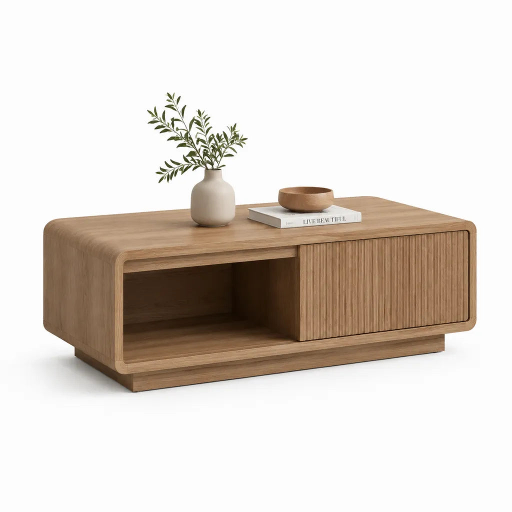 Tavolino da caffe con anta scorrevole 100 x 50 x 40 cm in MDF impiallacciato rovere rettangolare marrone chiaro