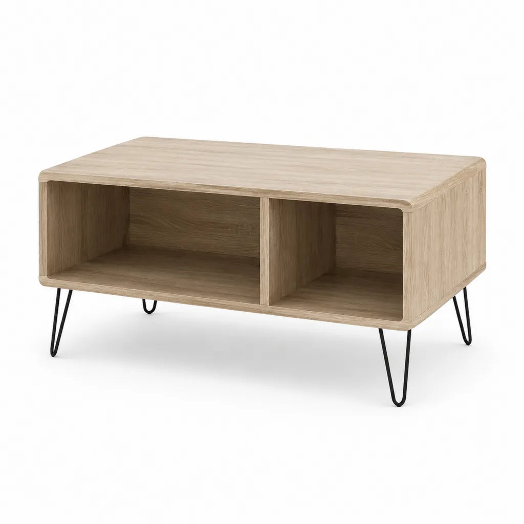 Tavolino da caffe rettangolare con 2 vani in pannello truciolare effetto rovere e gambe in acciaio nero 100 x 60 x 45 cm