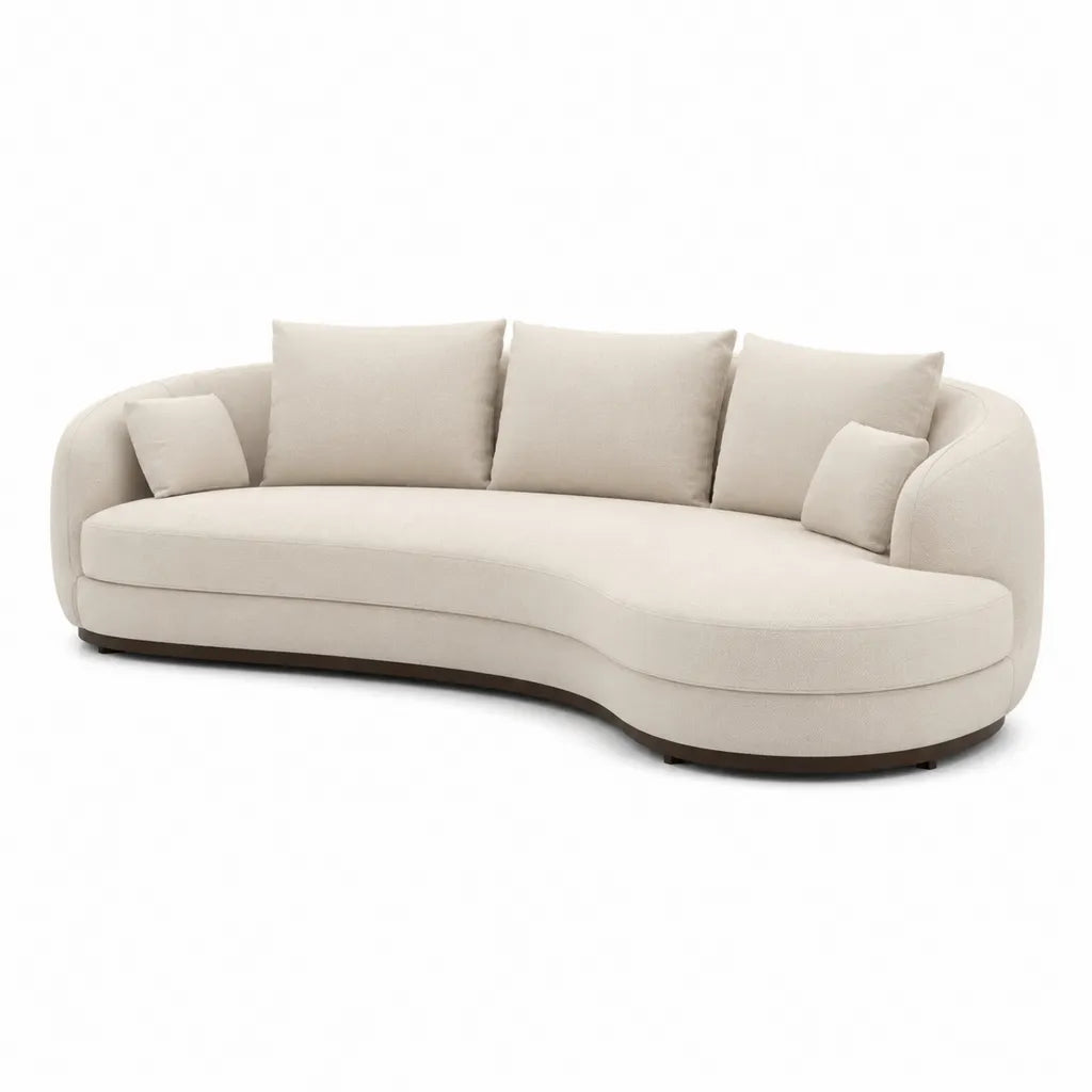 Divano curvo 3 posti in poliestere crema con base in legno 260 x 105 x 78 cm