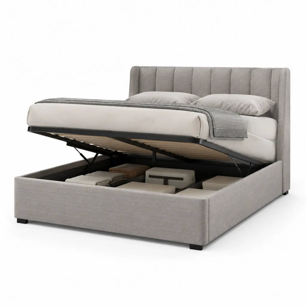 Letto contenitore matrimoniale imbottito 160 x 200 cm in poliestere grigio chiaro con testiera rettangolare