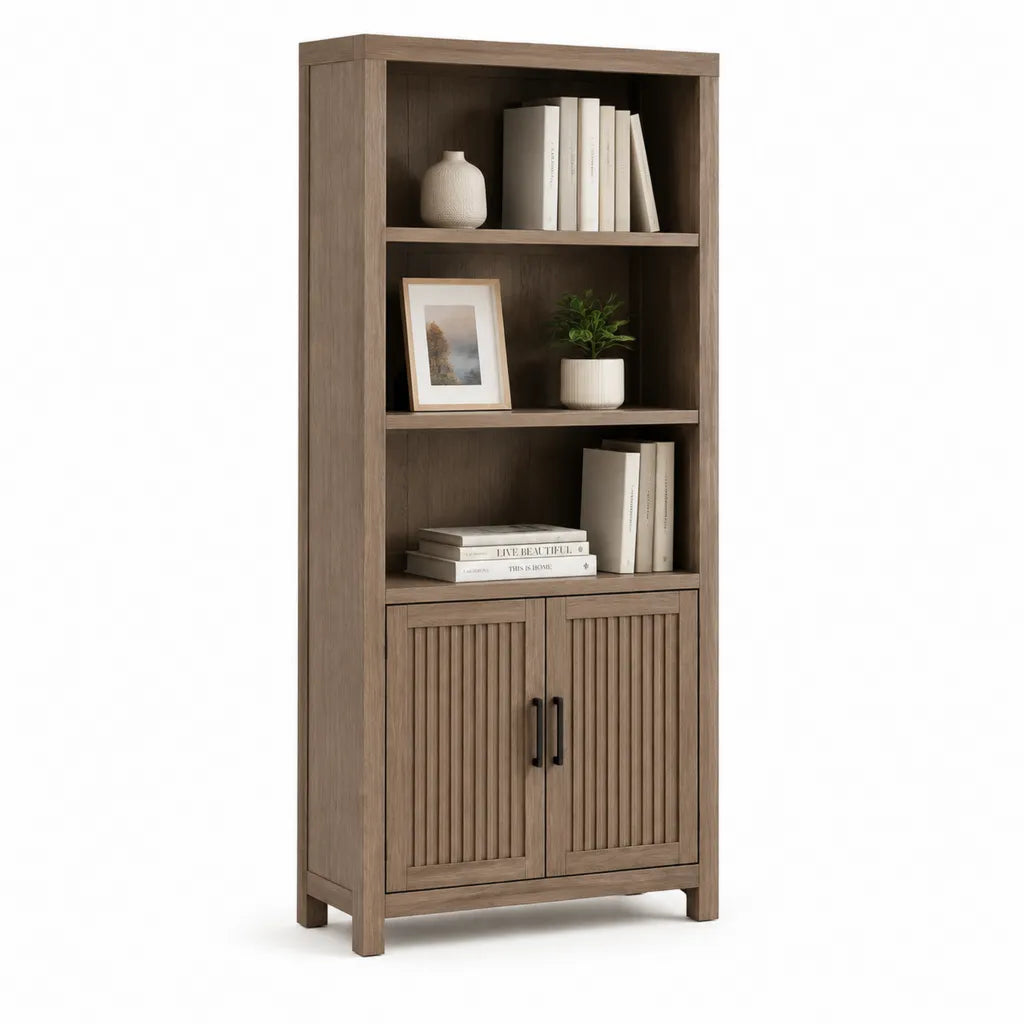 Libreria alta con ante 80 x 35 x 180 cm in MDF effetto rovere marrone