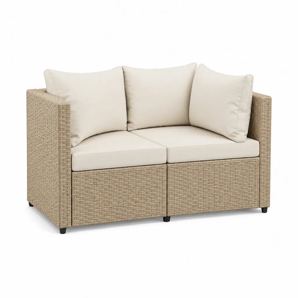 Divano da giardino 2 posti in rattan PE beige con cuscini color crema 140 x 80 x 75 cm