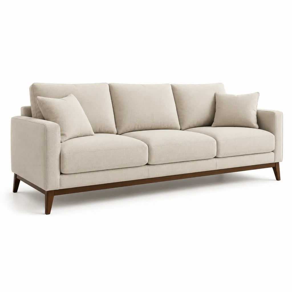 Divano 3 posti imbottito in poliestere beige con struttura in legno massello 220 x 90 x 85 cm