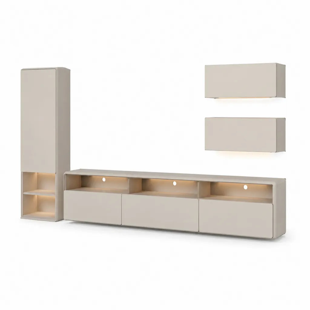 Parete attrezzata TV 4 pezzi in MDF beige rettangolare 285 x 40 x 180 cm