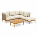 Set divano da giardino angolare con chaise longue e tavolino in legno massello di acacia beige 235 x 150 x 76 cm
