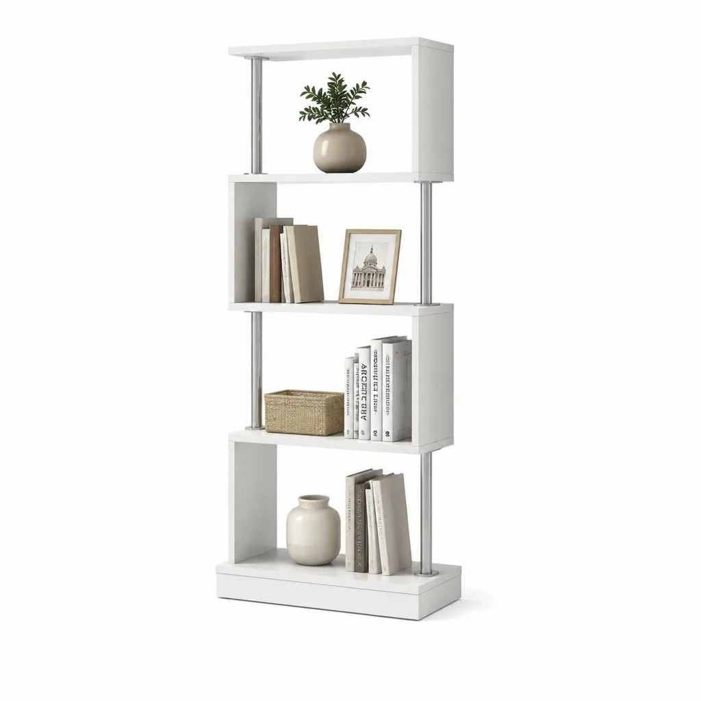 Libreria a 4 ripiani in pannello truciolare bianco e acciaio cromato 60 x 30 x 150 cm