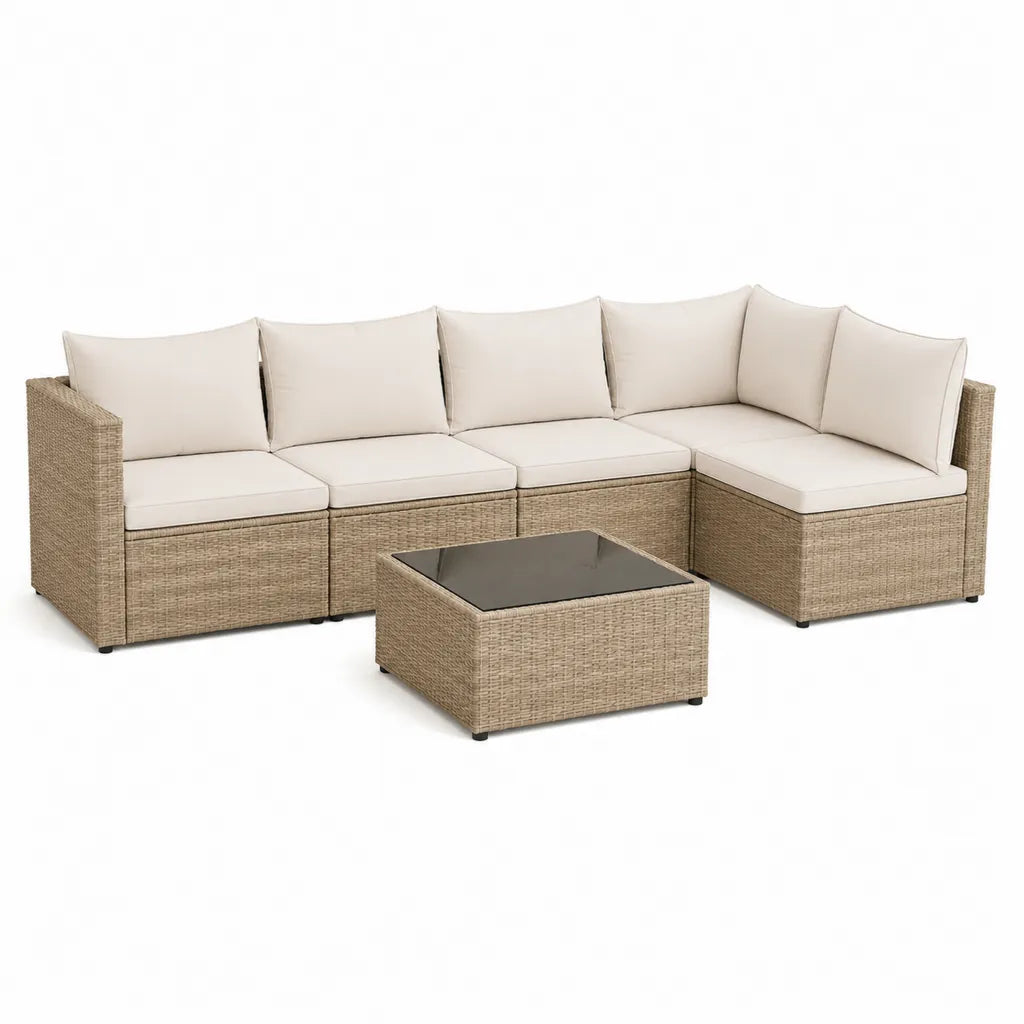Set divano angolare da giardino 4 posti con tavolino 250 x 190 x 75 cm in rattan PE beige con cuscini crema