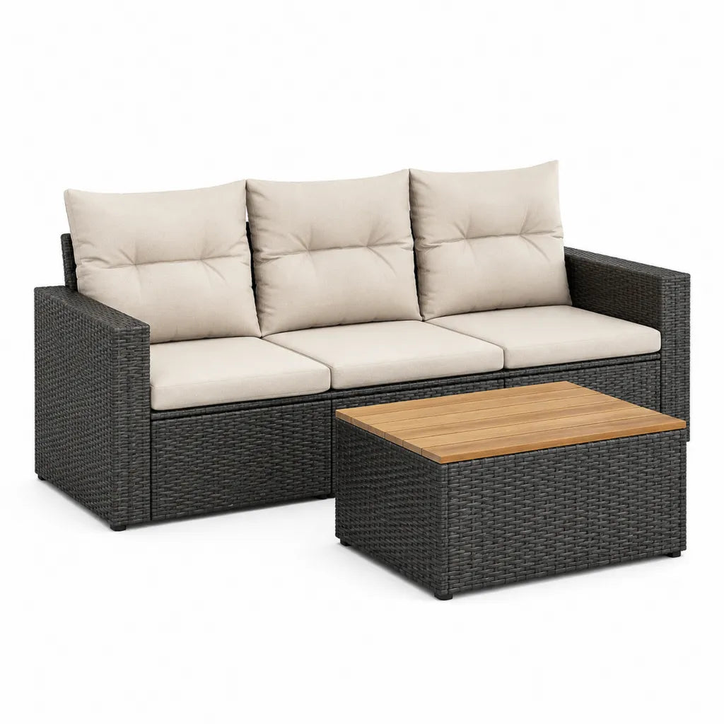 Set divano da giardino 3 posti con tavolino rettangolare in rattan PE nero e cuscini beige 182 x 70 x 73 cm tavolino 110 x 60 x 40 cm