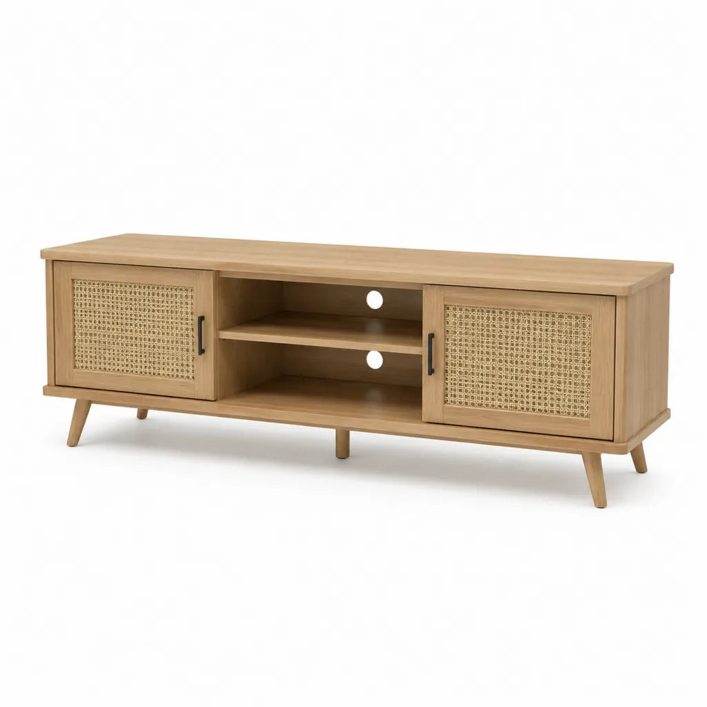 Mobile TV con 2 ante scorrevoli in rattan 140 x 40 x 55 cm MDF impiallacciato rovere naturale