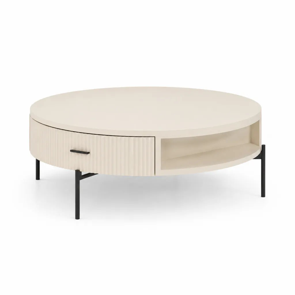 Tavolino da caffe rotondo con cassetto e vano aperto in MDF crema Ø100 x 40 cm