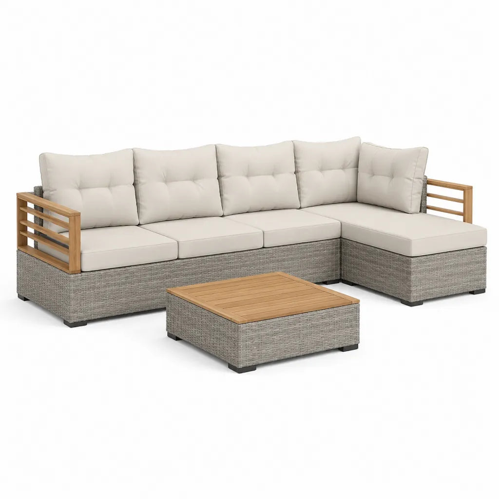 Set divano angolare da giardino a L 260 x 200 x 65 cm con tavolino 100 x 60 x 35 cm in rattan PE acciaio e acacia beige grigio