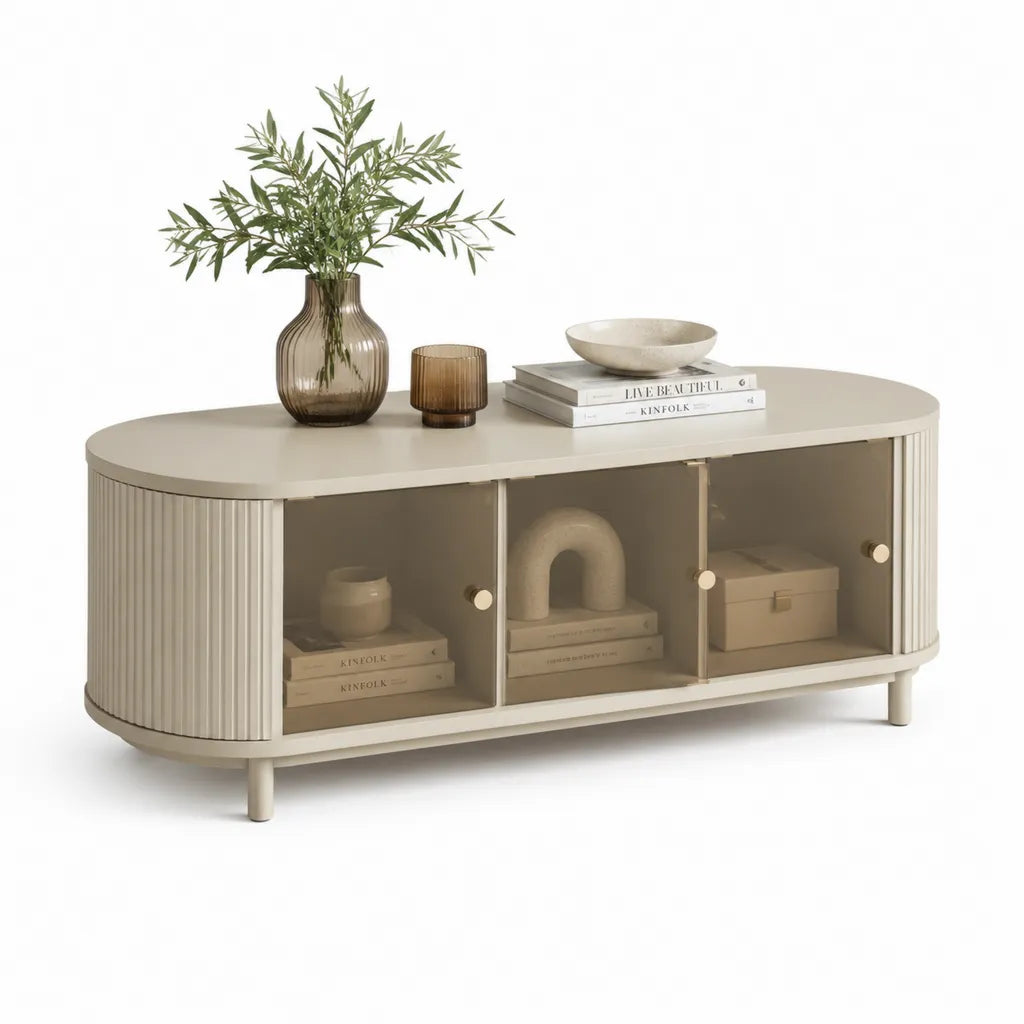 Tavolino da caffe ovale con contenitore in MDF e vetro temperato beige 120 x 40 x 55 cm