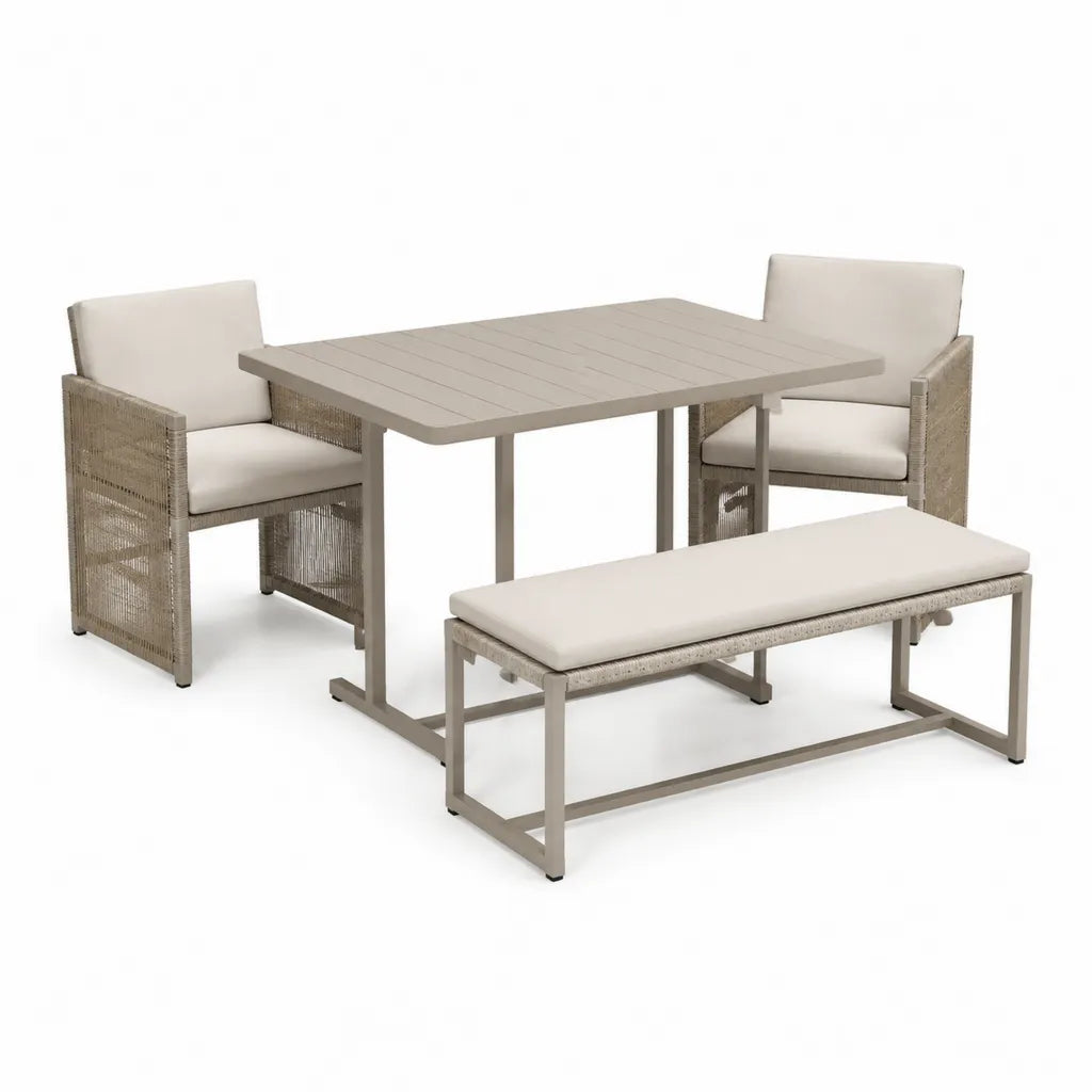 Set da pranzo da giardino 4 posti con tavolo rettangolare 150 x 90 cm due poltrone e panca in alluminio e PE beige