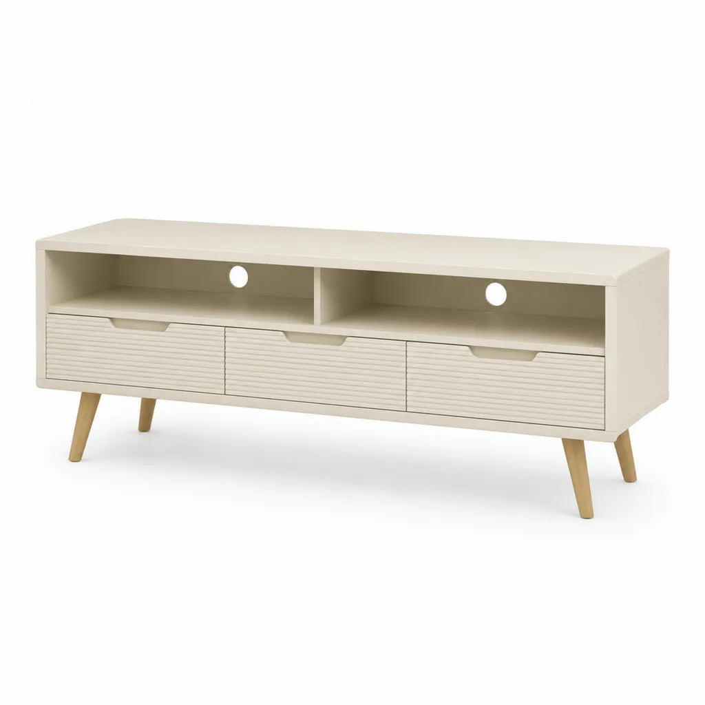 Mobile TV basso in MDF con 3 cassetti e 2 vani a giorno bianco crema 140 x 40 x 55 cm