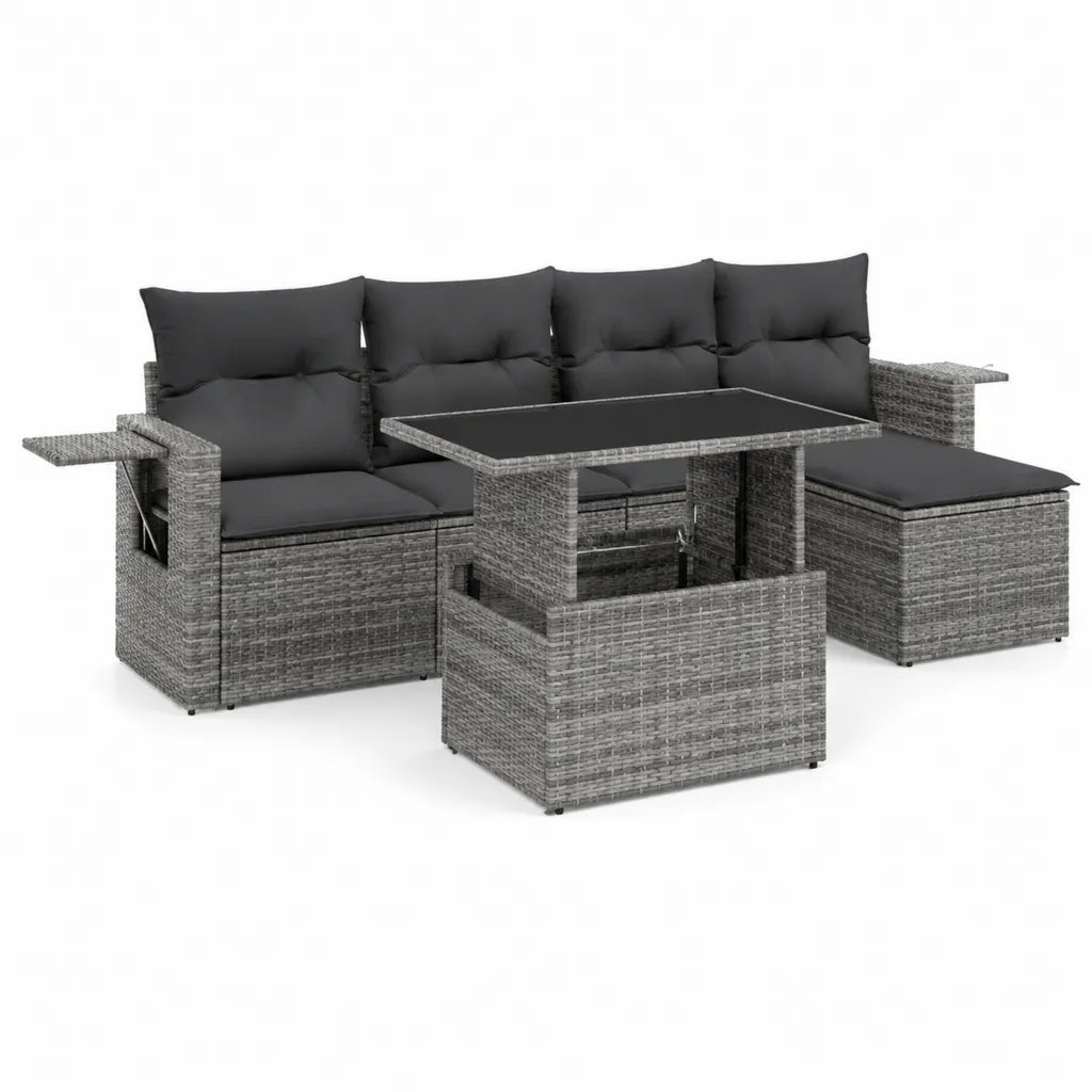 Set divano da giardino 3 posti lineare con tavolo rettangolare in rattan PE grigio antracite divano 196 x 60 x 63 cm tavolo 110 x 60 x 45-67 cm