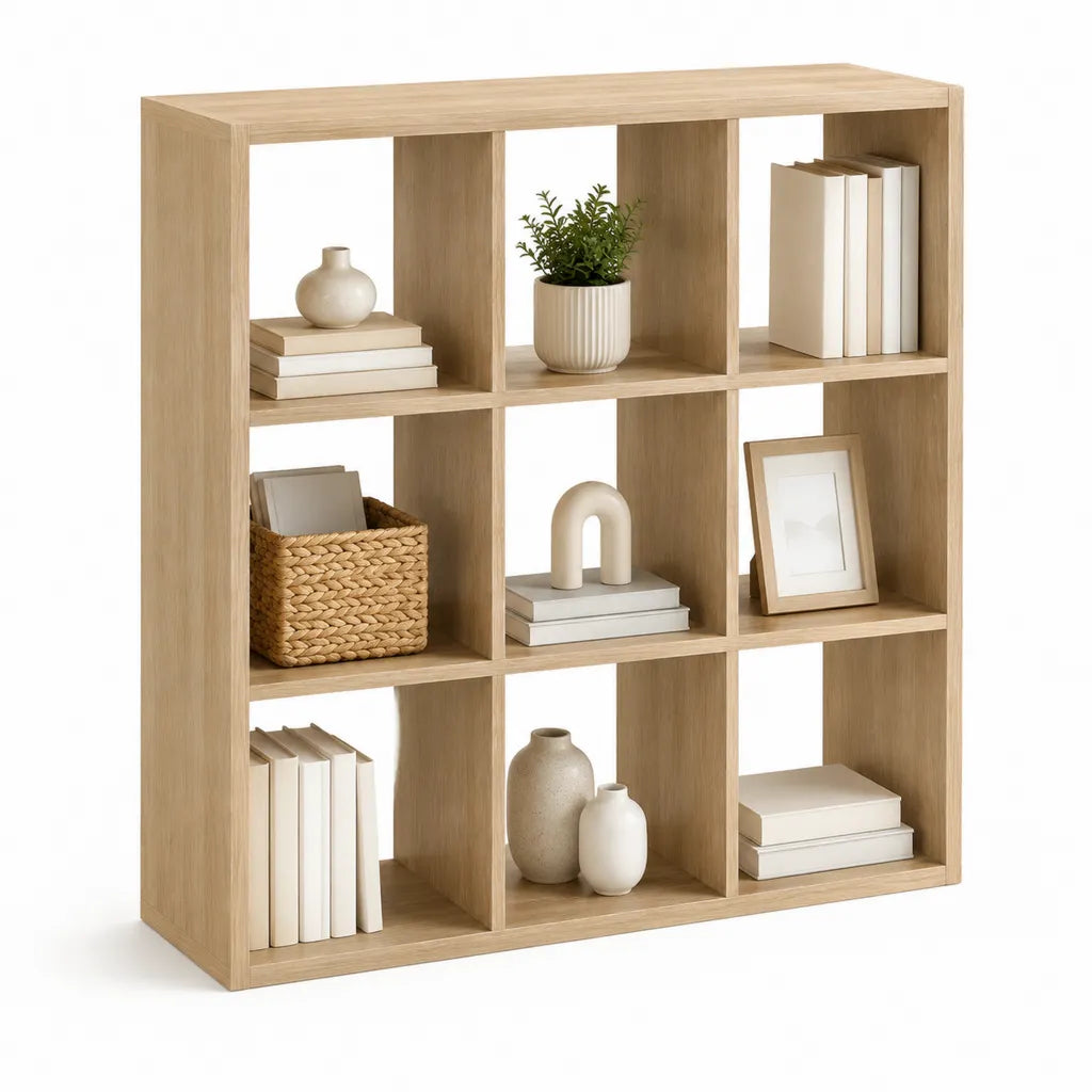 Libreria a 9 vani rettangolare in pannello truciolare melaminico effetto rovere 90 x 30 x 90 cm