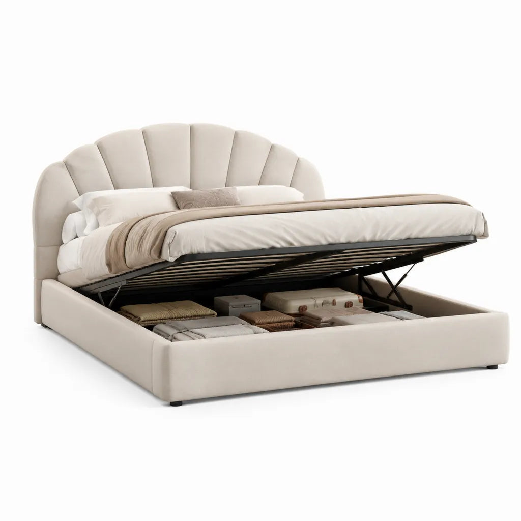 Letto contenitore matrimoniale 160 x 200 cm in poliestere beige con testiera a conchiglia