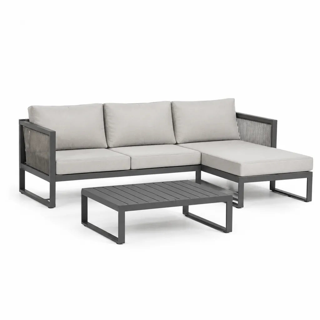 Set divano da giardino angolare a L con tavolino in alluminio 220 x 145 cm grigio