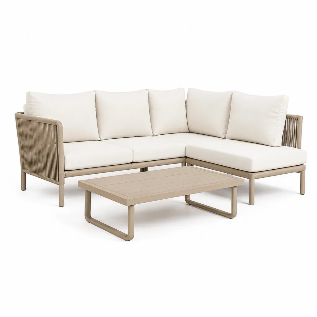 Set divano angolare da giardino 3 posti con tavolino rettangolare 218 x 150 x 75 cm in alluminio e corda in polietilene beige