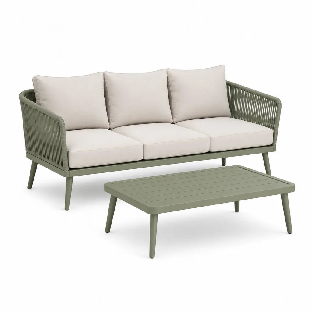 Set divano da giardino 3 posti con tavolino in alluminio verde salvia e beige 205 x 78 x 76 cm