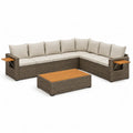 Set divano angolare da giardino 6 posti in rattan PE con tavolino rettangolare 280 x 220 x 85 cm grigio tortora e beige