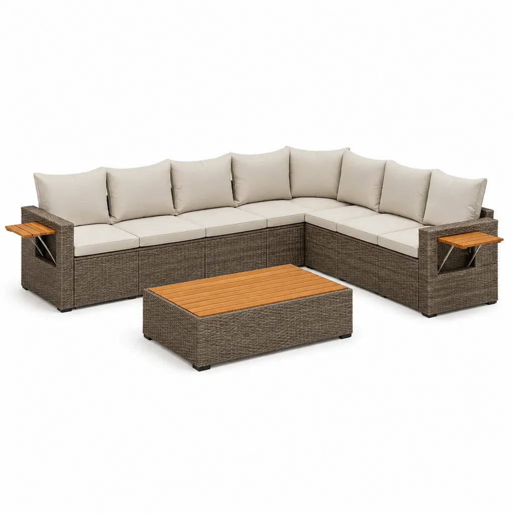 Set divano angolare da giardino 6 posti in rattan PE con tavolino rettangolare 280 x 220 x 85 cm grigio tortora e beige