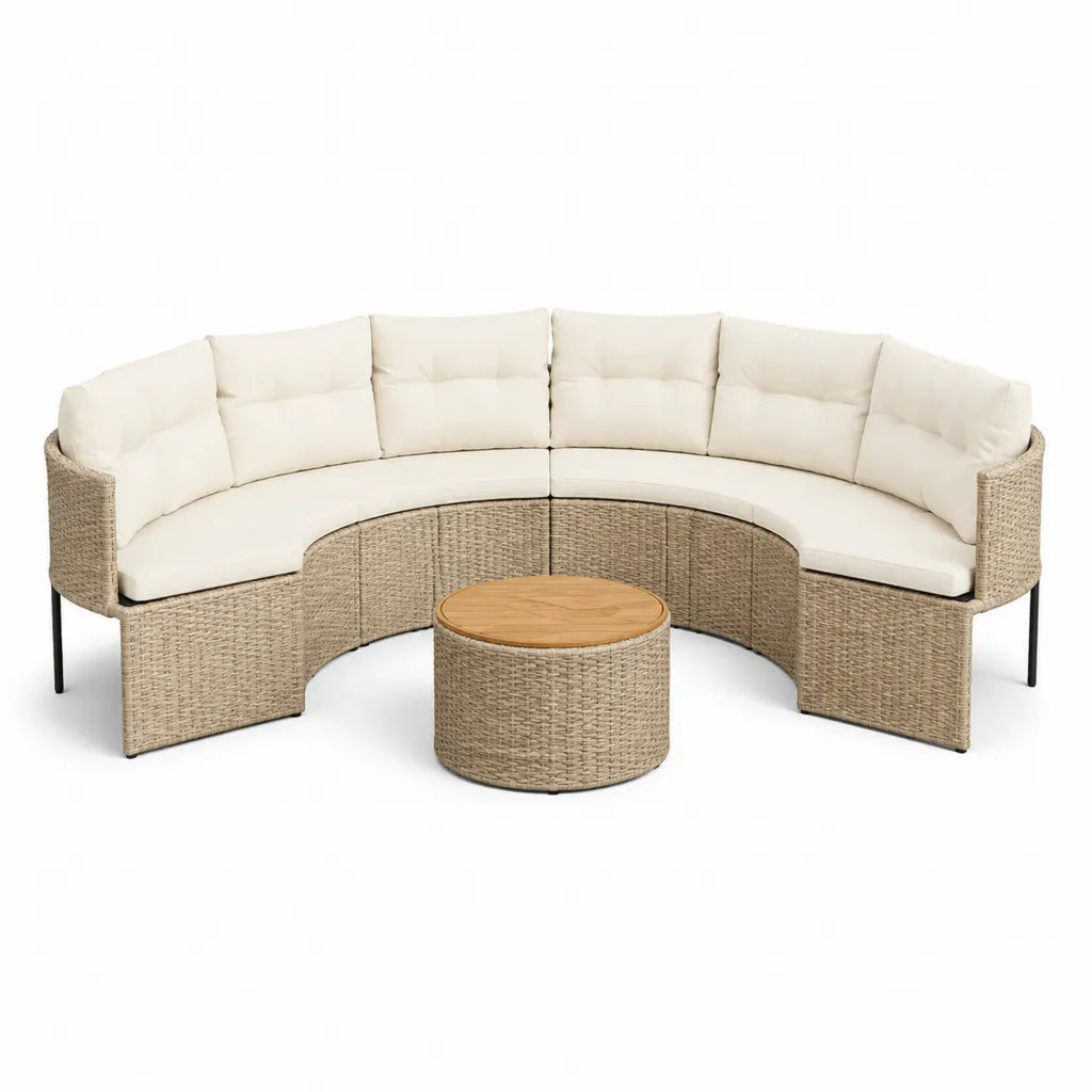Set divano da giardino curvo 5 posti con tavolino rotondo in rattan sintetico PE beige 300 x 150 x 75 cm
