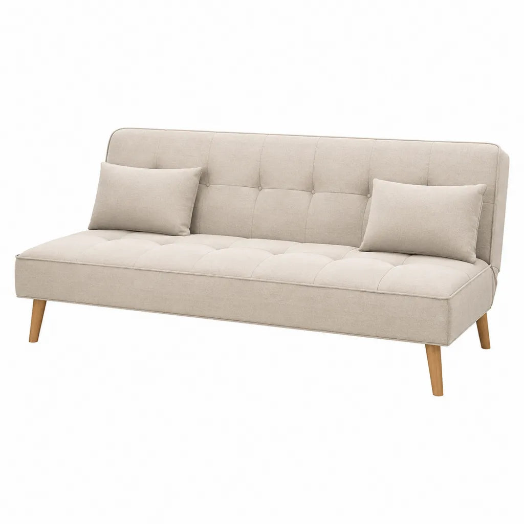 Divano letto 3 posti in tessuto di poliestere beige con gambe in legno massello 180 x 82 x 82 cm
