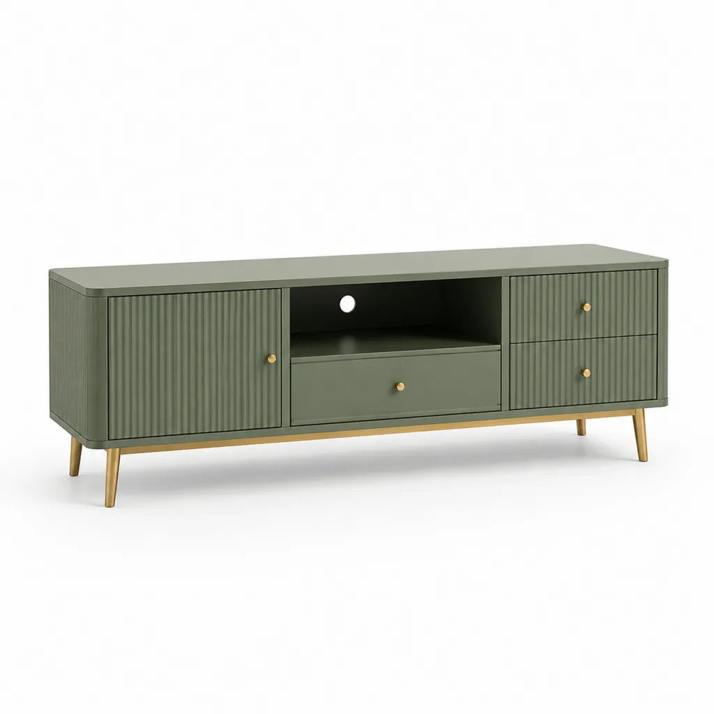 Mobile TV rettangolare in MDF verde oliva con 3 cassetti 2 vani e ante 180 x 40 x 55 cm