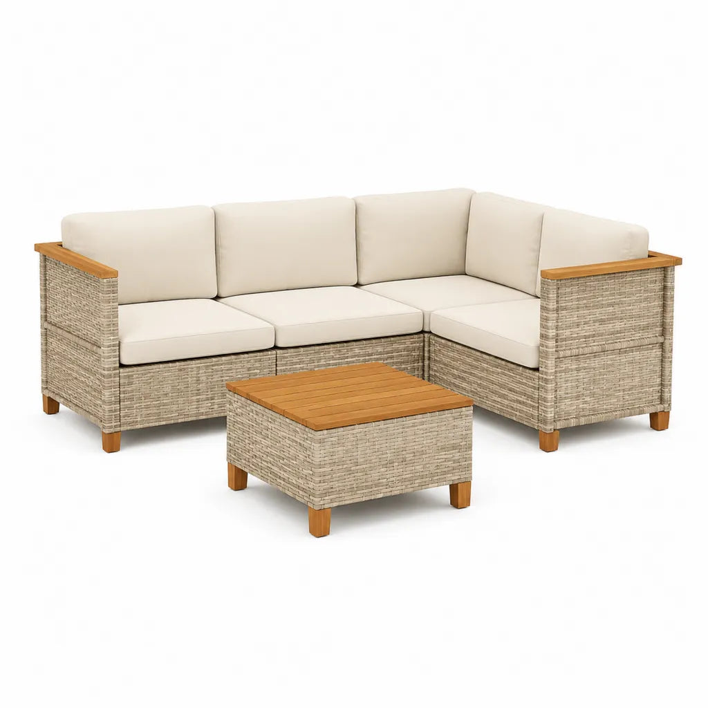 Set divano angolare da giardino 3 pezzi in rattan PE e legno massello di acacia beige 184 x 124 x 63 cm con tavolo 60 x 60 x 36 cm