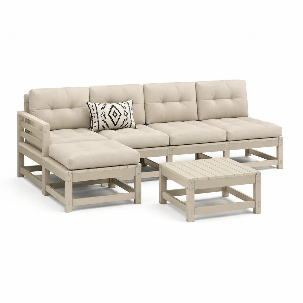 Set divano angolare da giardino 5 pezzi in legno massello di acacia con cuscini in poliestere beige 260 x 200 x 70 cm