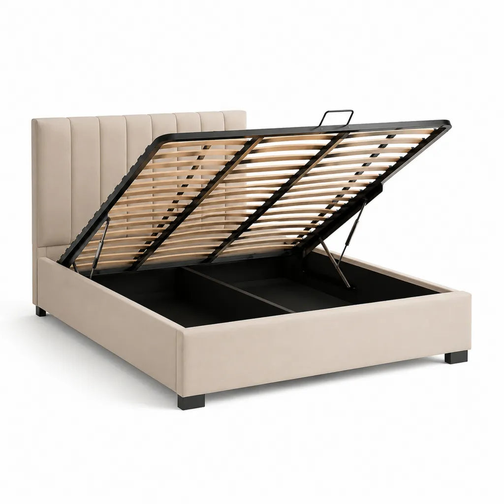 Letto contenitore matrimoniale 160x200 cm in poliestere beige rettangolare con rete a doghe