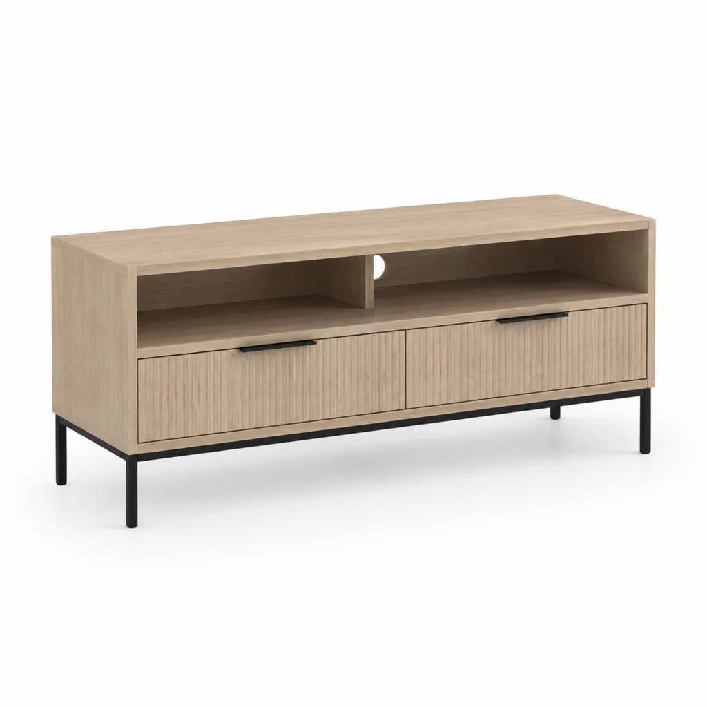 Mobile TV rettangolare in pannelli truciolari effetto rovere con gambe in acciaio nero 140 x 40 x 55 cm