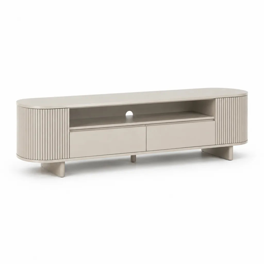 Mobile TV basso 180 x 40 x 50 cm in MDF beige chiaro con 2 cassetti e vano a giorno arrotondato