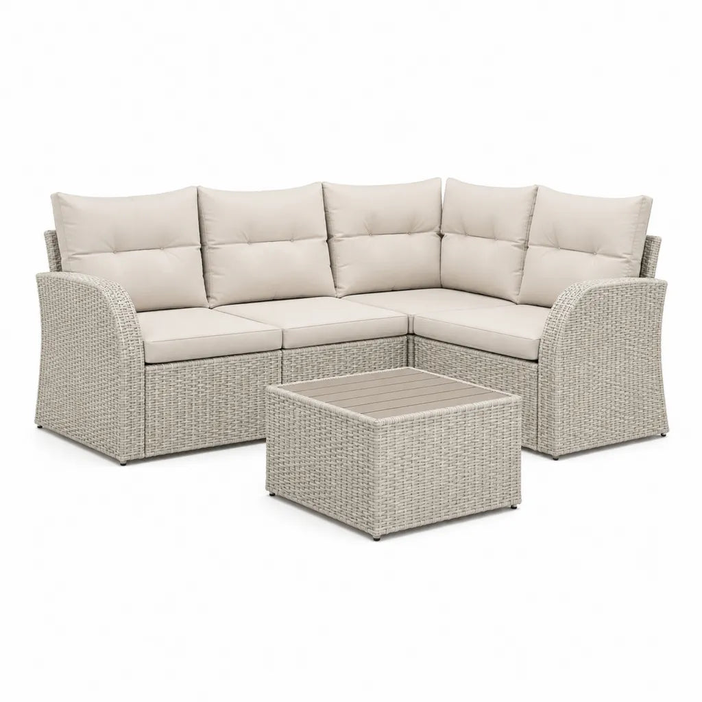 Salotto da giardino angolare 4 posti con tavolino 210 x 210 cm in rattan PE beige