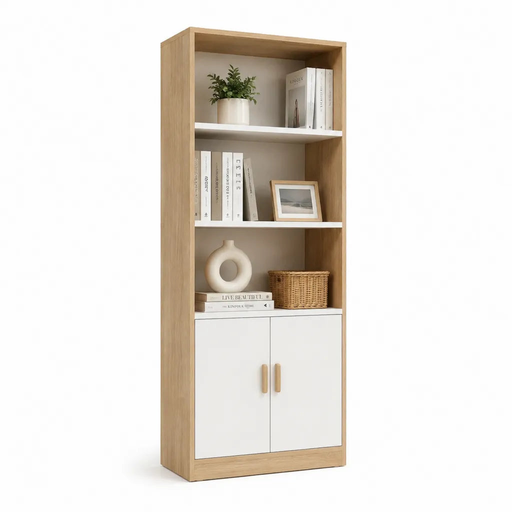 Libreria da terra con ante 60 x 30 x 180 cm in MDF rettangolare rovere naturale e bianco