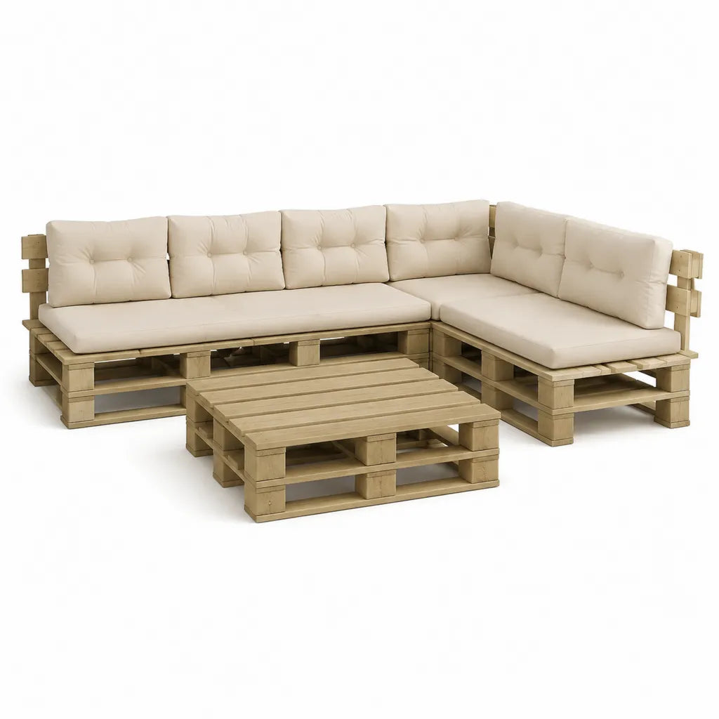 Set divano da giardino angolare 5 posti con tavolino in legno massello di pino beige 240 x 160 x 80 cm