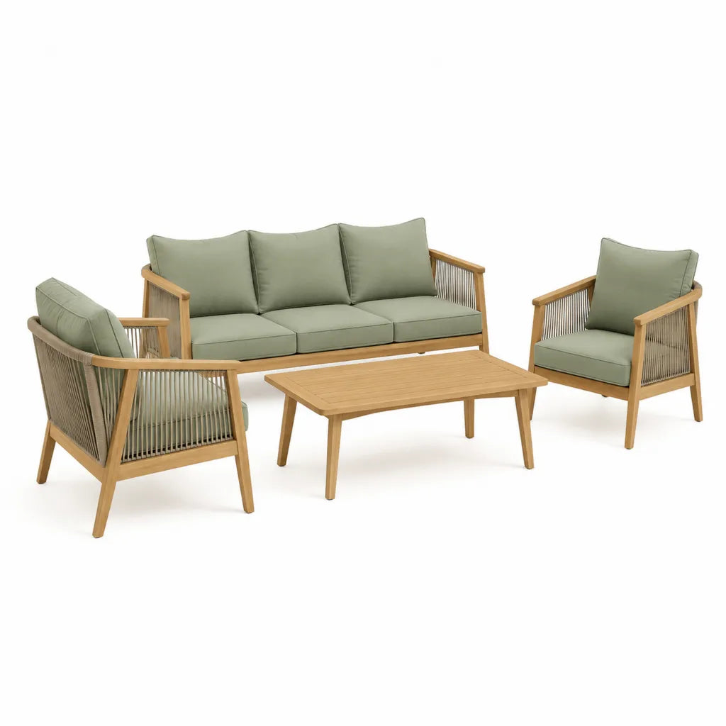 Set salotto da giardino 4 pezzi in legno massello di acacia con corde in polipropilene e cuscini verde salvia divano 3 posti 185 x 75 x 78 cm