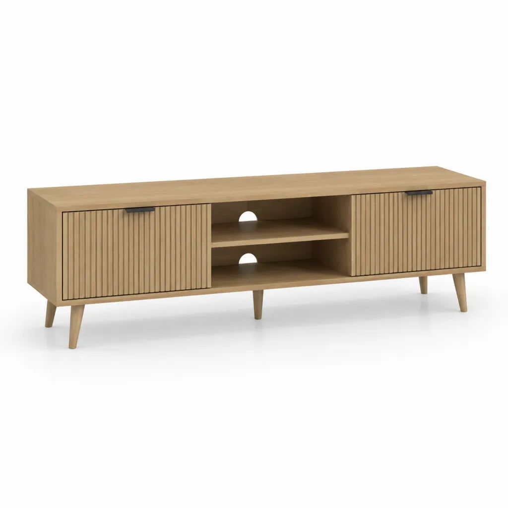 Mobile TV rettangolare con 2 ante scanalate in MDF rivestito melaminico effetto rovere naturale 160 x 40 x 55 cm