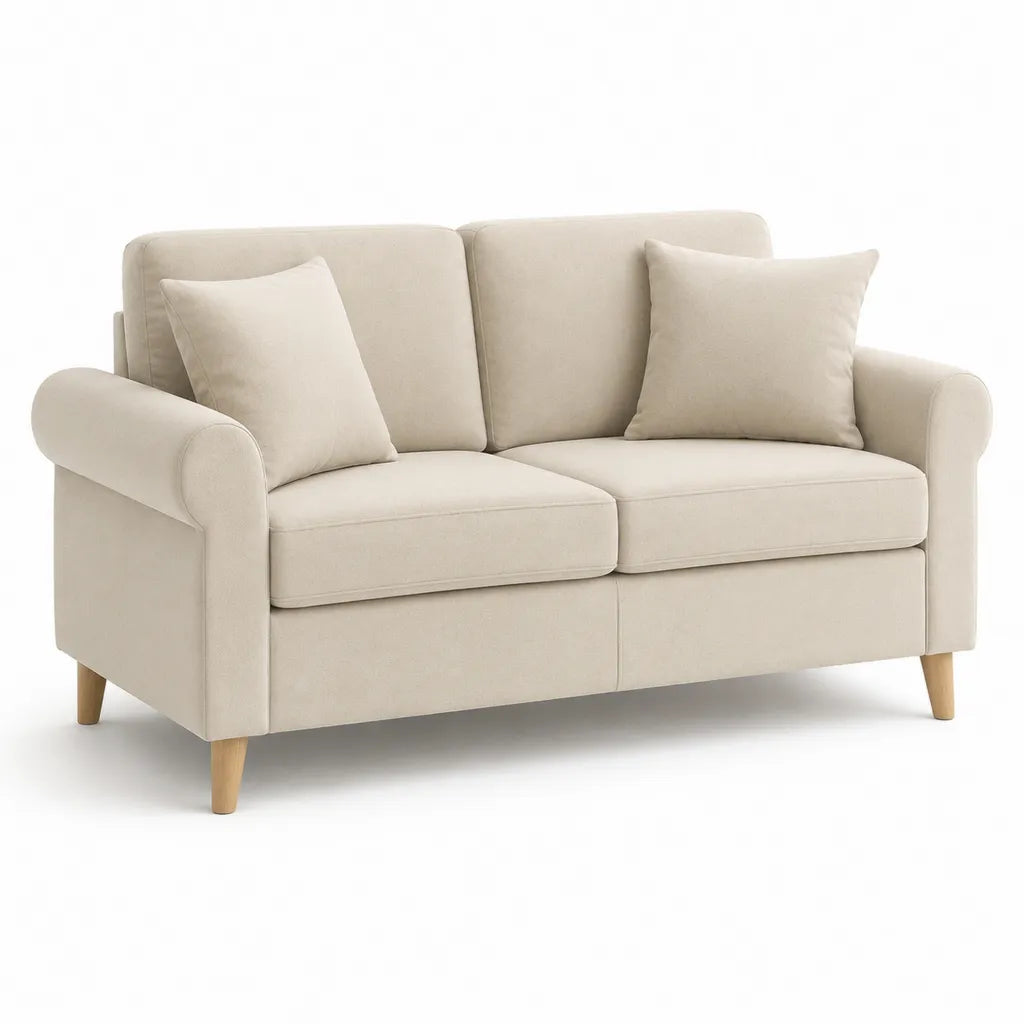 Divano 2 posti imbottito in poliestere beige con cuscini 160 x 85 x 88 cm