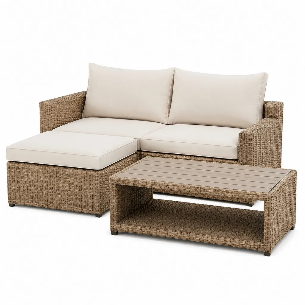 Set divano da giardino 3 pezzi in rattan PE beige con cuscini 150 x 80 x 76 cm
