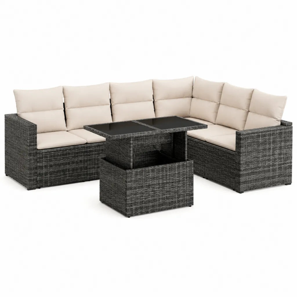 Set salotto da giardino angolare 7 pezzi in rattan PE grigio con cuscini beige e tavolo 210 x 210 cm