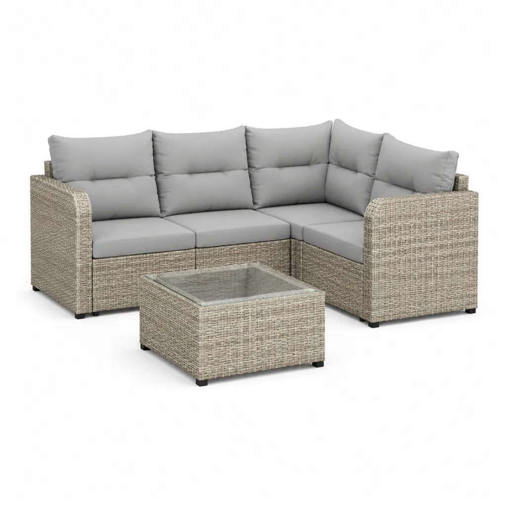 Set divano angolare da giardino 4 posti con tavolino 220 x 170 x 65 cm in rattan PE beige e cuscini grigi
