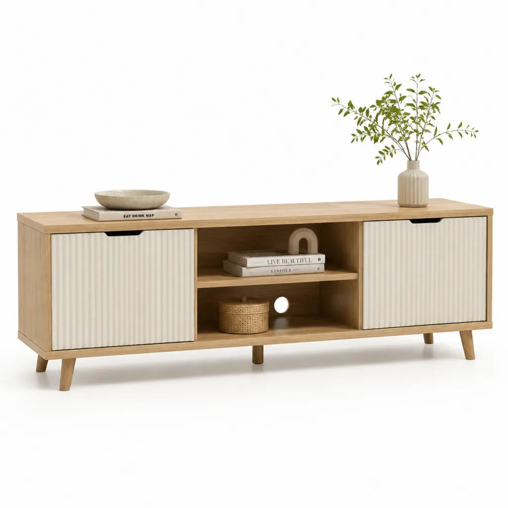 Mobile TV basso rettangolare in MDF effetto rovere con ante scorrevoli scanalate bianche 160 x 40 x 55 cm