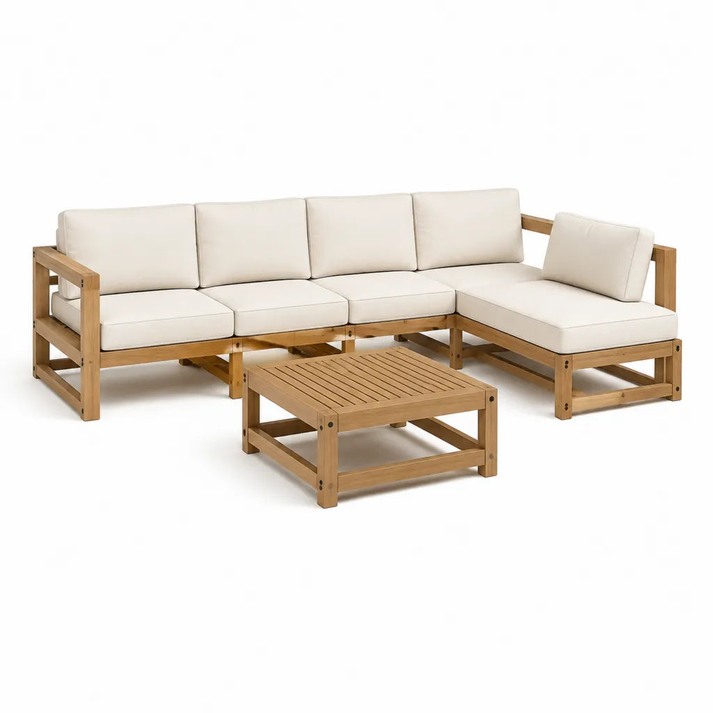 Set divano da giardino angolare 4 posti con tavolino 210 x 140 x 68 cm in legno massello di acacia beige